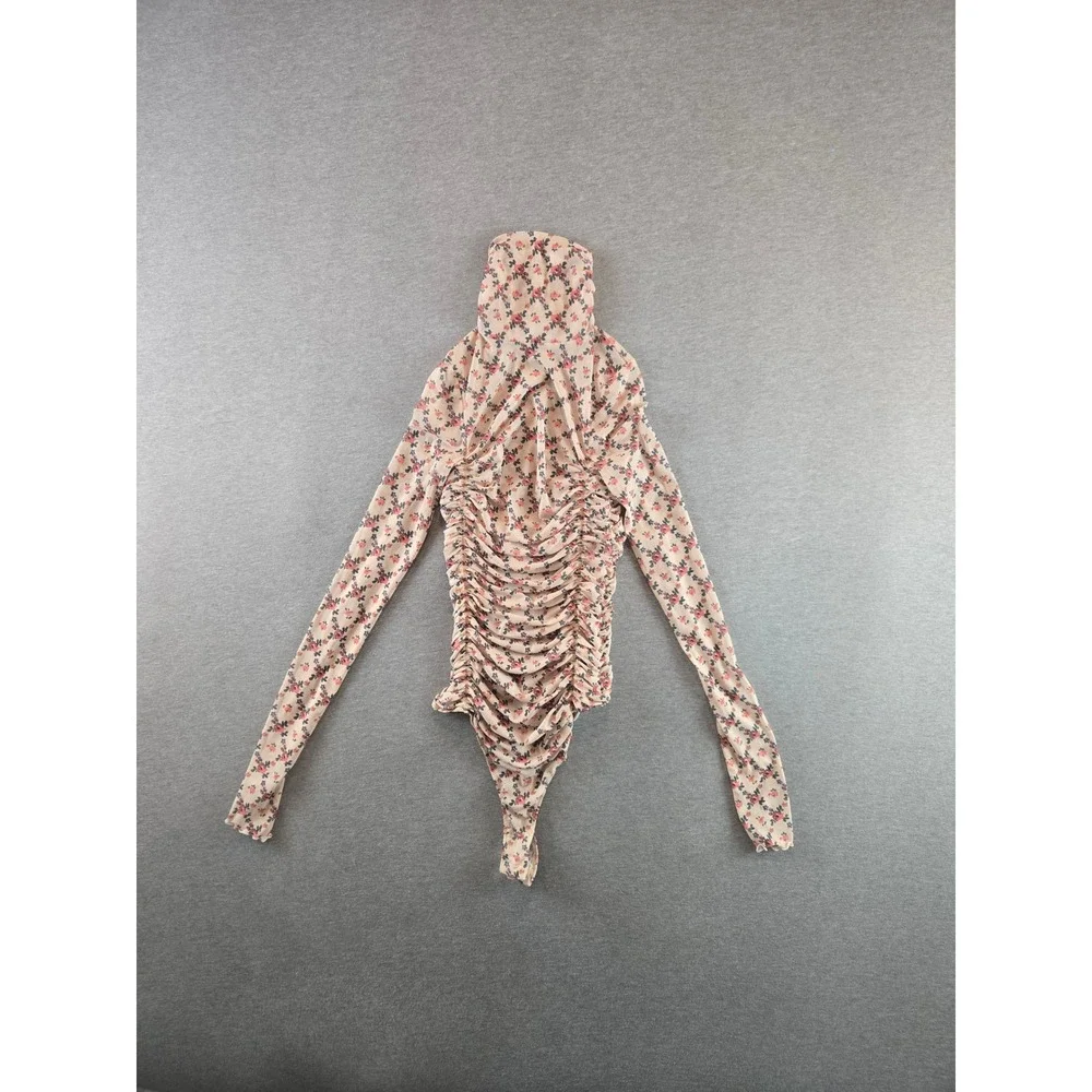 Free People‎ Bodysuit Women XS Cream Floral Ruched Mesh Turtleneck Long Sleeve